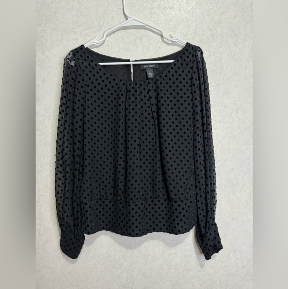 WHITE HOUSE BLACK MARKET Polka Dot Velvet Sheer Peasant Sleeve Boat Neck Top S 6
